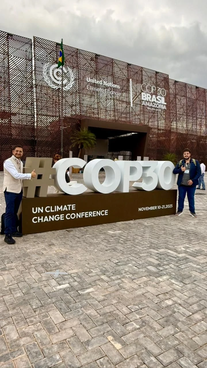 Trust Carbon founder Brayon Pieske at the official #COP30 entrance sign in Belém, Brazil — UN Climate Change Conference host city for the 2025 edition, November 10 to 21, 2025