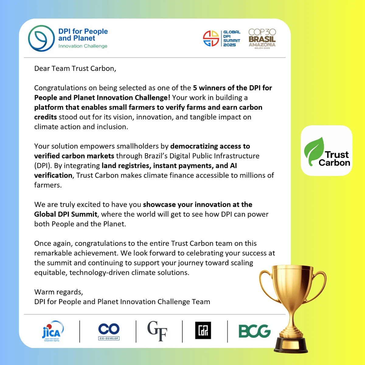 Official winner announcement letter from the DPI for People and Planet Innovation Challenge 2025 Team naming Trust Carbon as one of five global winners — signed by the DPI4PP jury including Gates Foundation, BCG, JICA, CDPI and Co-Develop
